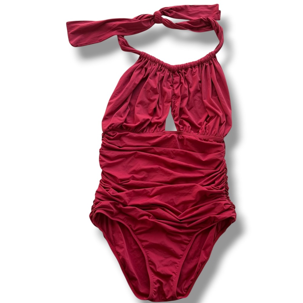 Lenny Niemeyer S Wine Red Ruched Halter Keyhole Cutout One Piece Swimsuit Luxury